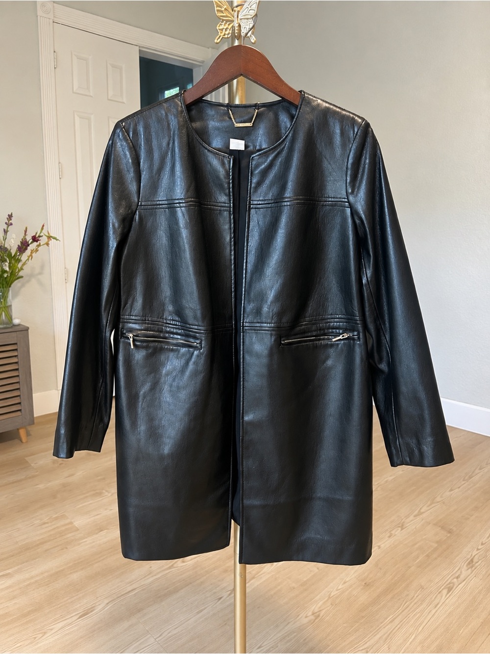 Chico's Black Longline Faux Leather Collarless Jacket